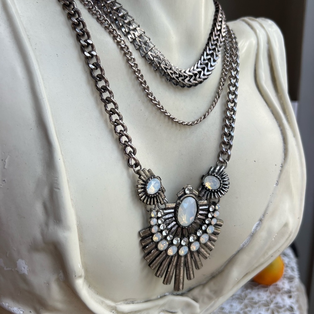 Silvertone Statement Necklace With Opalescent Acc… - image 8
